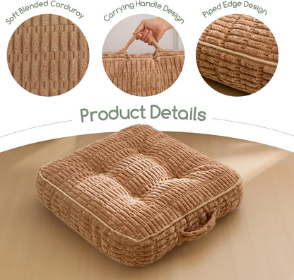 Floor Pillow Cushion for Adults, Meditation Cushion Pillow, Blended Corduroy Cover, Large Square Floor Sitting for Tatami Living Room or Yoga, 22x22 Inch, Beige