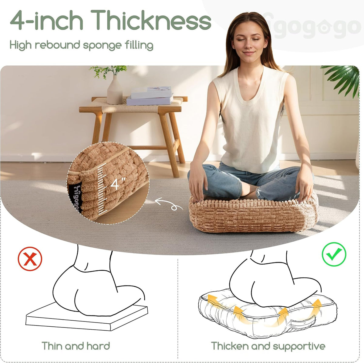 Floor Pillow Cushion for Adults, Meditation Cushion Pillow, Blended Corduroy Cover, Large Square Floor Sitting for Tatami Living Room or Yoga, 22x22 Inch, Beige