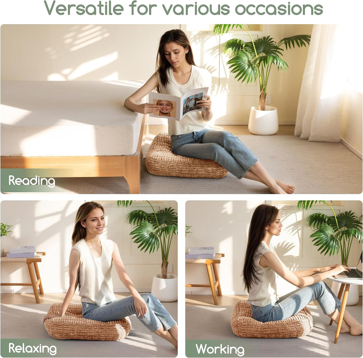 Floor Pillow Cushion for Adults, Meditation Cushion Pillow, Blended Corduroy Cover, Large Square Floor Sitting for Tatami Living Room or Yoga, 22x22 Inch, Beige