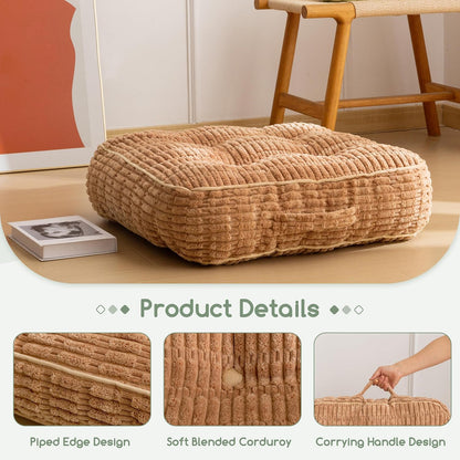 Floor Pillow Cushion for Adults, Meditation Cushion Pillow, Blended Corduroy Cover, Large Square Floor Sitting for Tatami Living Room or Yoga, 22x22 Inch, Beige