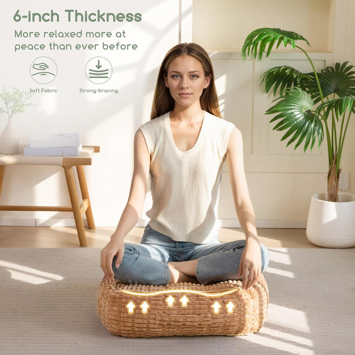Floor Pillow Cushion for Adults, Meditation Cushion Pillow, Blended Corduroy Cover, Large Square Floor Sitting for Tatami Living Room or Yoga, 22x22 Inch, Beige