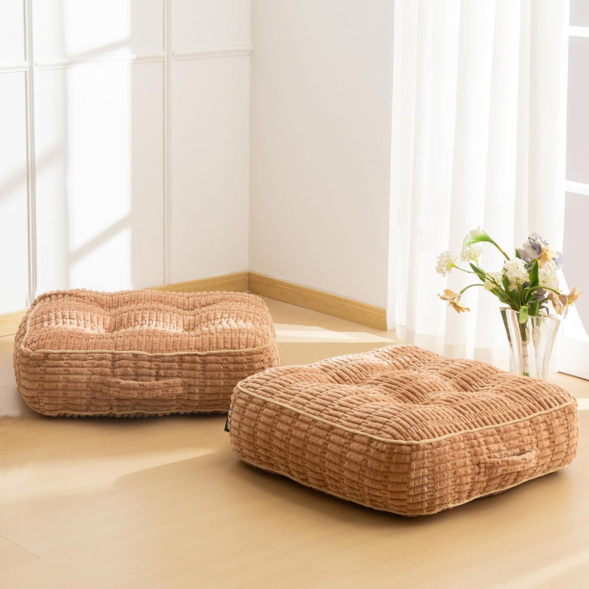 Floor Pillow Cushion for Adults, Meditation Cushion Pillow, Blended Corduroy Cover, Large Square Floor Sitting for Tatami Living Room or Yoga, 22x22 Inch, Beige