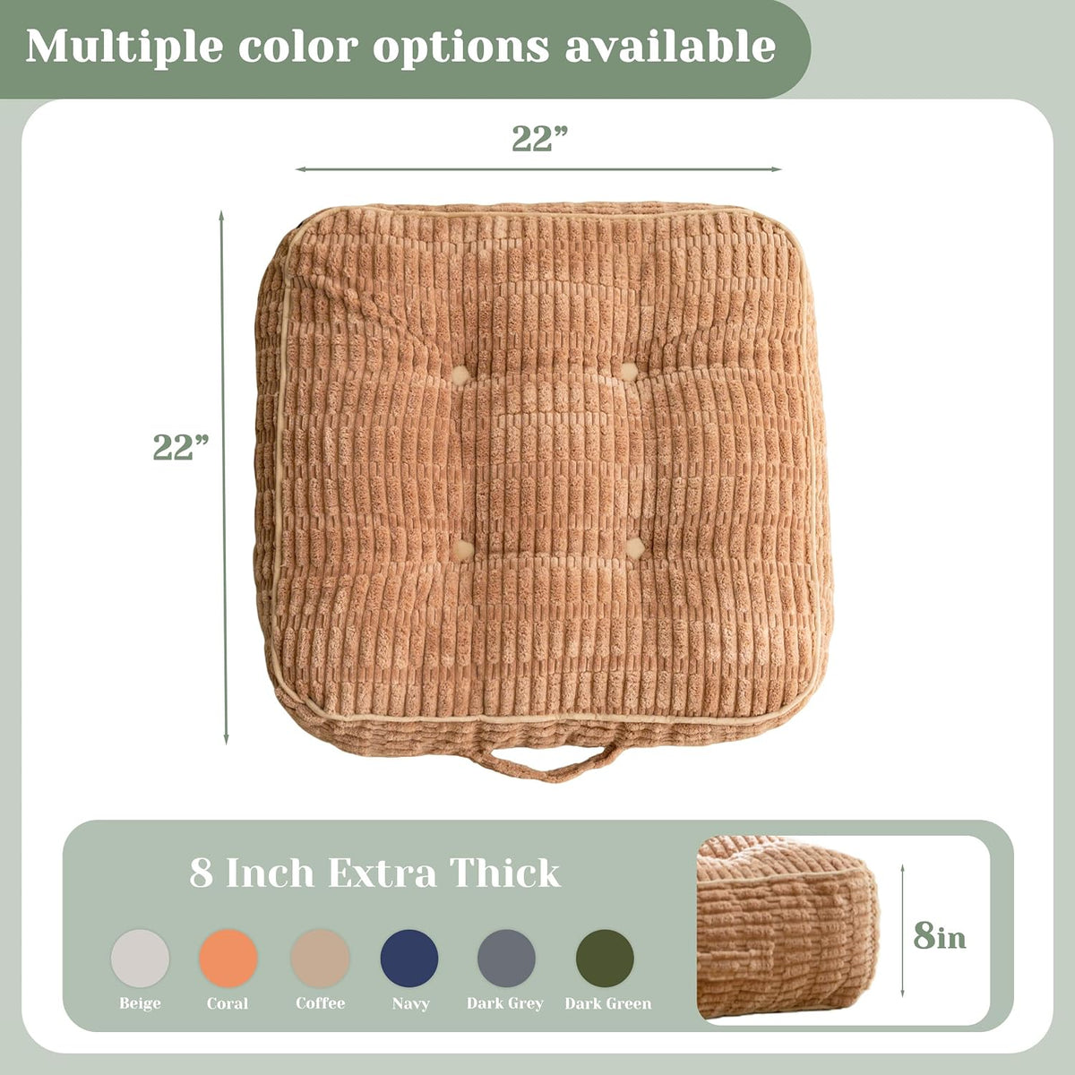 Floor Pillow Cushion for Adults, Meditation Cushion Pillow, Blended Corduroy Cover, Large Square Floor Sitting for Tatami Living Room or Yoga, 22x22 Inch, Beige