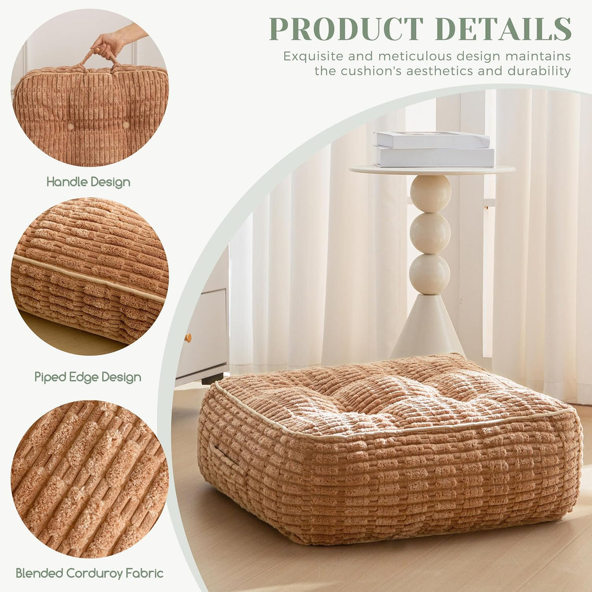 Floor Pillow Cushion for Adults, Meditation Cushion Pillow, Blended Corduroy Cover, Large Square Floor Sitting for Tatami Living Room or Yoga, 22x22 Inch, Beige
