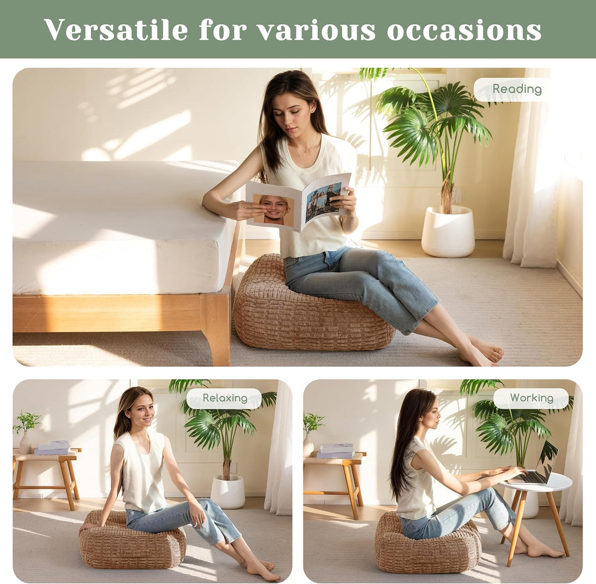 Floor Pillow Cushion for Adults, Meditation Cushion Pillow, Blended Corduroy Cover, Large Square Floor Sitting for Tatami Living Room or Yoga, 22x22 Inch, Beige