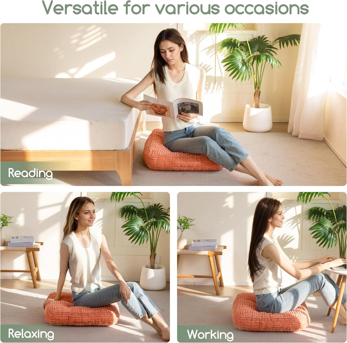 Floor Pillow Cushion for Adults, Meditation Cushion Pillow, Blended Corduroy Cover, Large Square Floor Sitting for Tatami Living Room or Yoga, 22x22 Inch, Beige