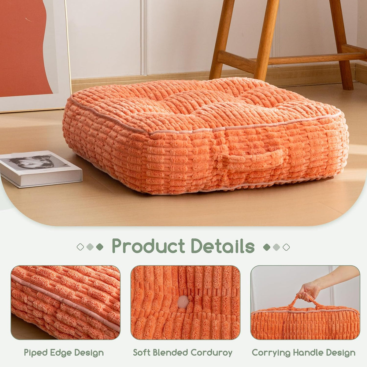 Floor Pillow Cushion for Adults, Meditation Cushion Pillow, Blended Corduroy Cover, Large Square Floor Sitting for Tatami Living Room or Yoga, 22x22 Inch, Beige
