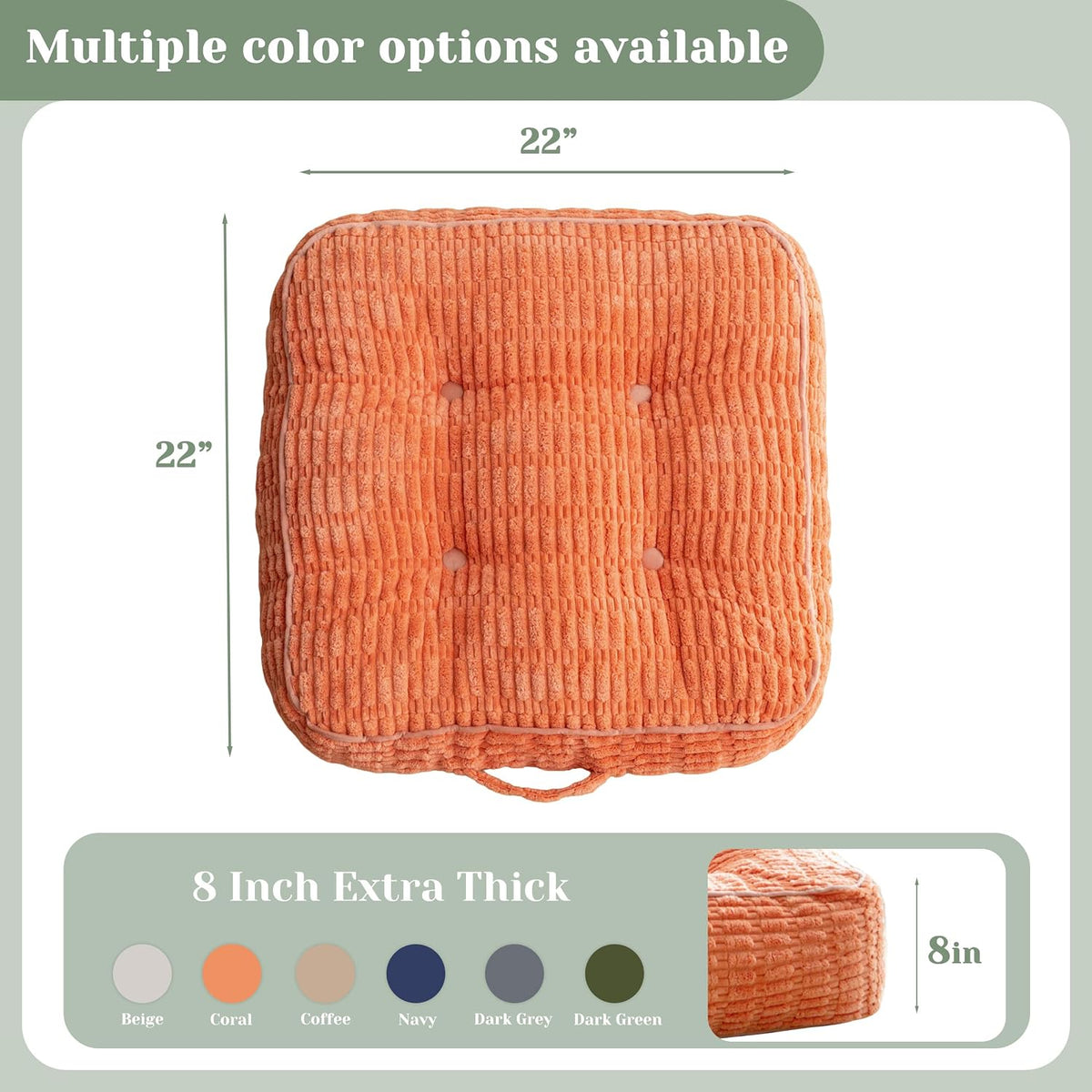 Floor Pillow Cushion for Adults, Meditation Cushion Pillow, Blended Corduroy Cover, Large Square Floor Sitting for Tatami Living Room or Yoga, 22x22 Inch, Beige