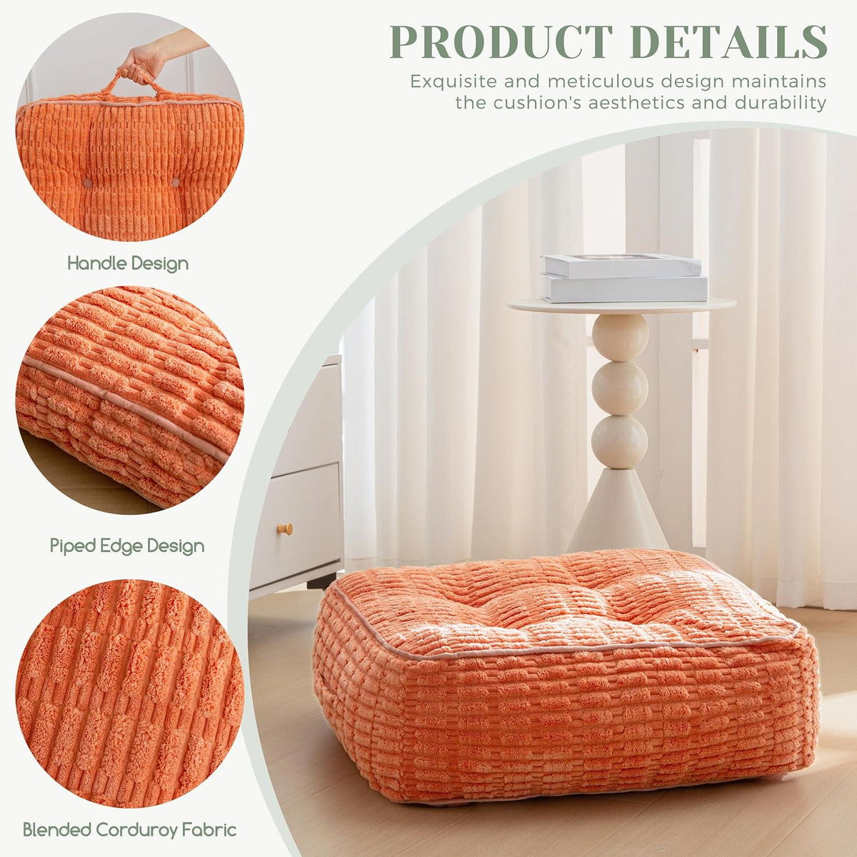 Floor Pillow Cushion for Adults, Meditation Cushion Pillow, Blended Corduroy Cover, Large Square Floor Sitting for Tatami Living Room or Yoga, 22x22 Inch, Beige