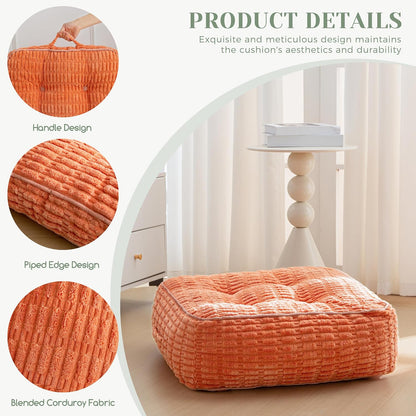 Floor Pillow Cushion for Adults, Meditation Cushion Pillow, Blended Corduroy Cover, Large Square Floor Sitting for Tatami Living Room or Yoga, 22x22 Inch, Beige