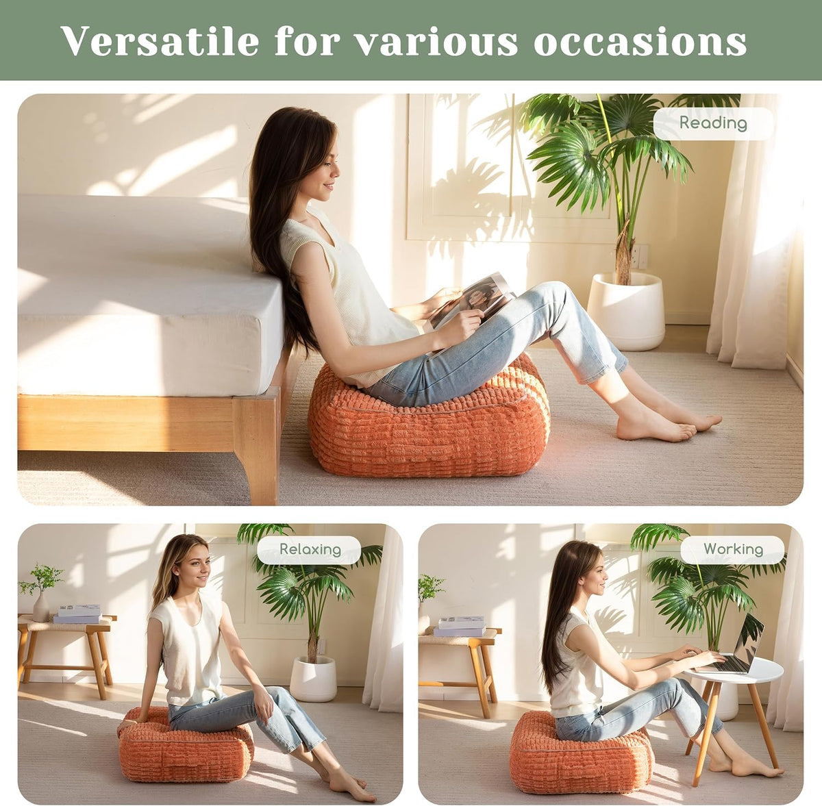 Floor Pillow Cushion for Adults, Meditation Cushion Pillow, Blended Corduroy Cover, Large Square Floor Sitting for Tatami Living Room or Yoga, 22x22 Inch, Beige