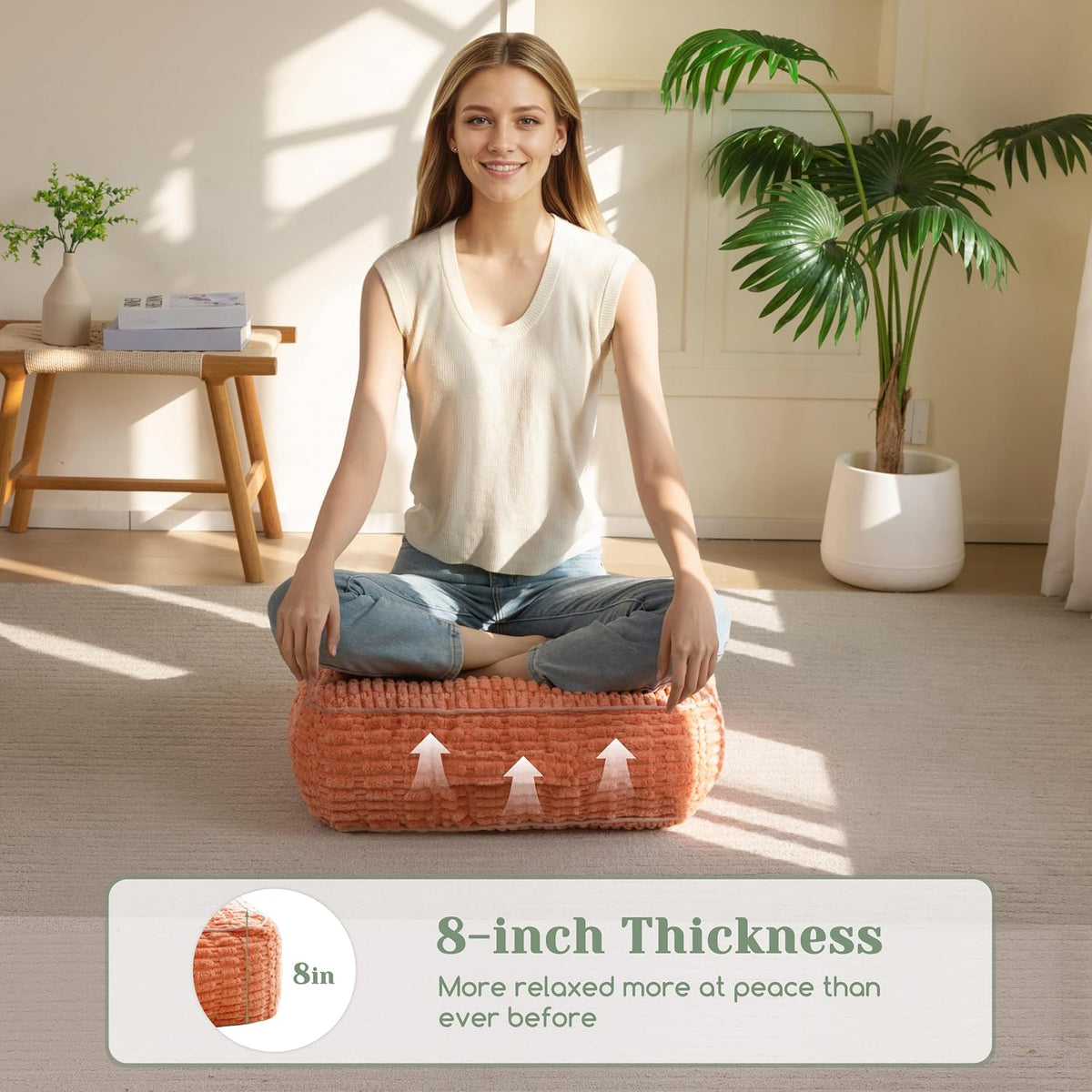 Floor Pillow Cushion for Adults, Meditation Cushion Pillow, Blended Corduroy Cover, Large Square Floor Sitting for Tatami Living Room or Yoga, 22x22 Inch, Beige