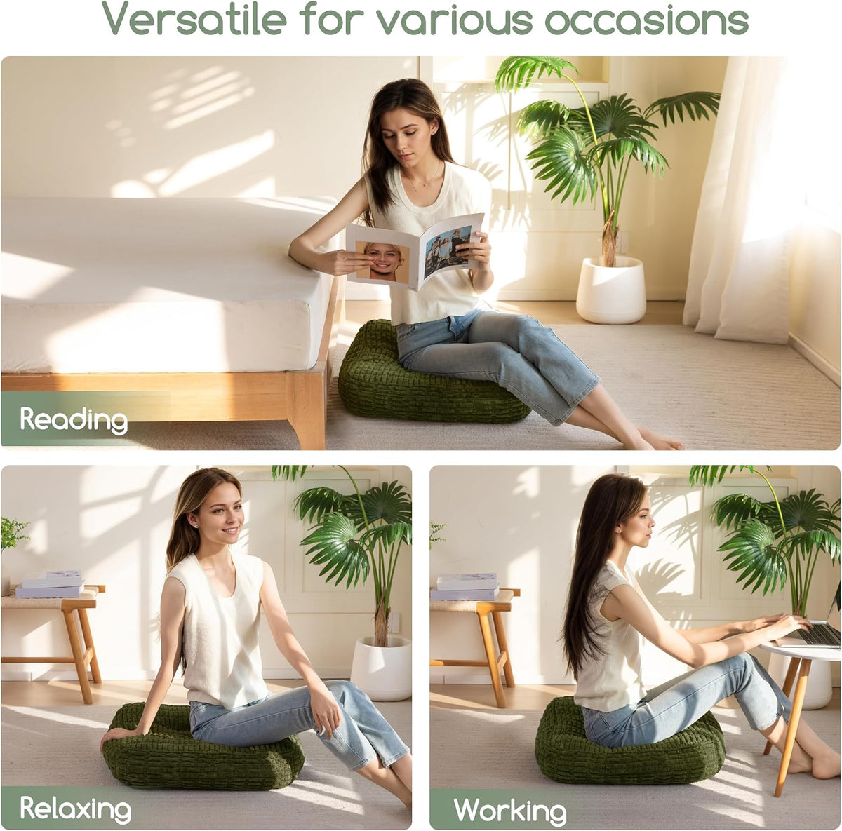 Floor Pillow Cushion for Adults, Meditation Cushion Pillow, Blended Corduroy Cover, Large Square Floor Sitting for Tatami Living Room or Yoga, 22x22 Inch, Beige