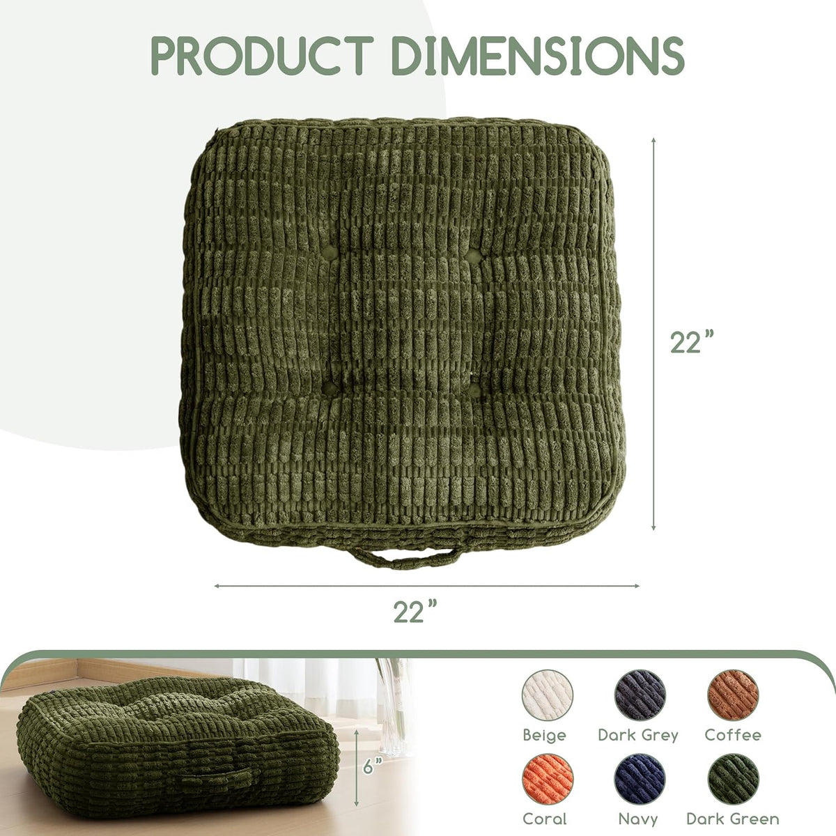 Floor Pillow Cushion for Adults, Meditation Cushion Pillow, Blended Corduroy Cover, Large Square Floor Sitting for Tatami Living Room or Yoga, 22x22 Inch, Beige