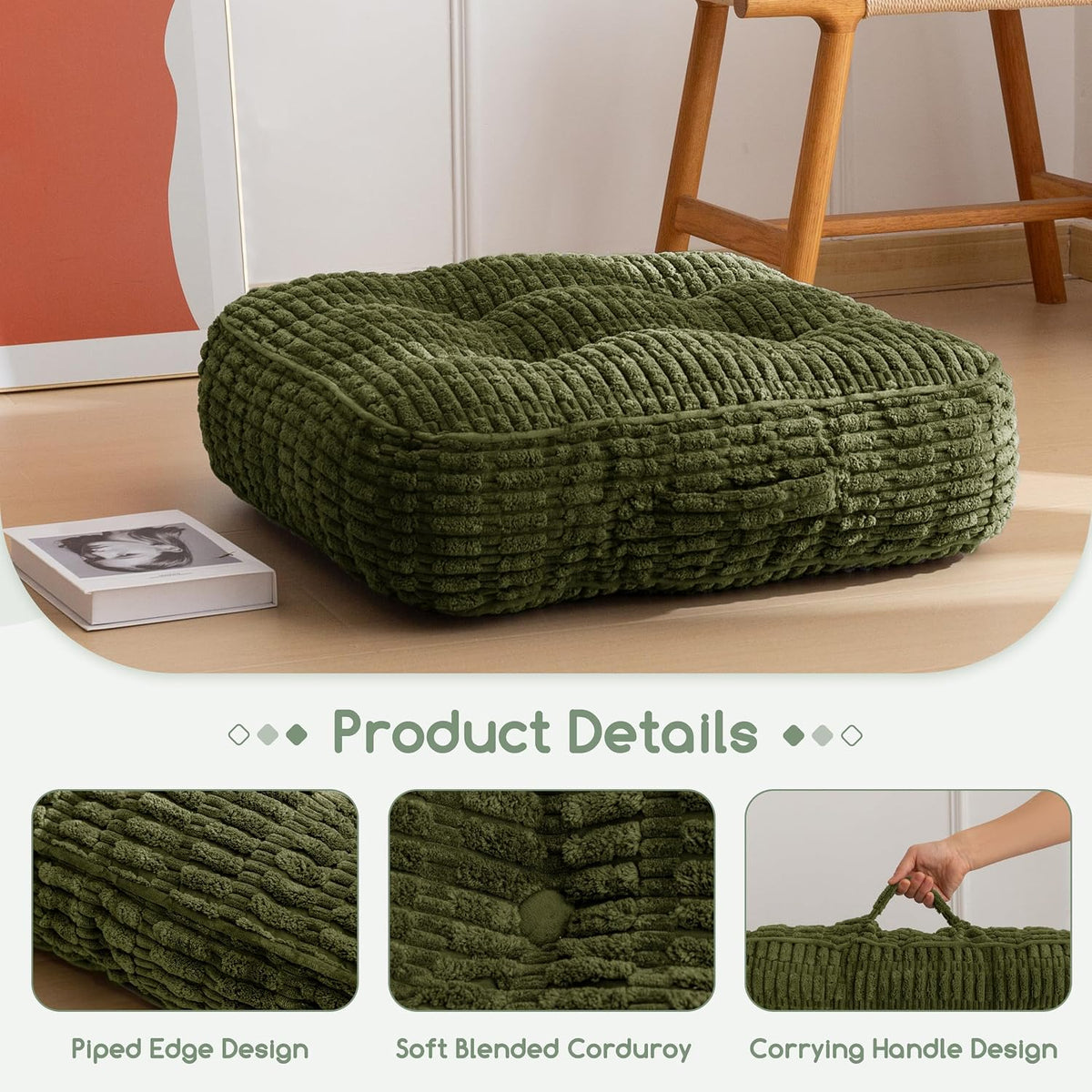 Floor Pillow Cushion for Adults, Meditation Cushion Pillow, Blended Corduroy Cover, Large Square Floor Sitting for Tatami Living Room or Yoga, 22x22 Inch, Beige