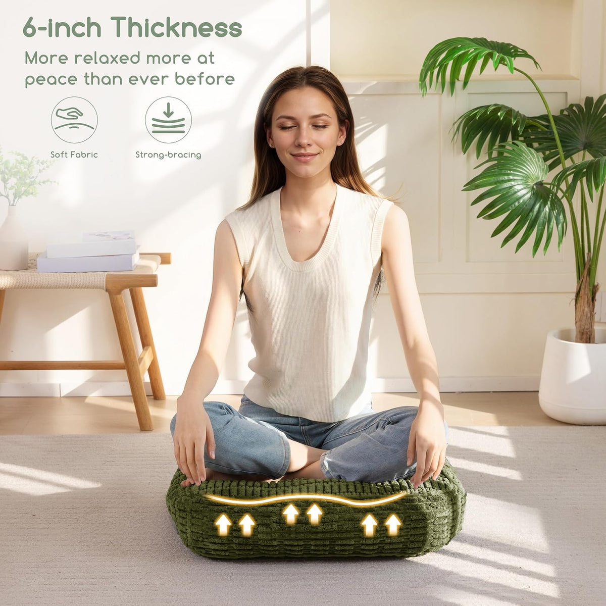 Floor Pillow Cushion for Adults, Meditation Cushion Pillow, Blended Corduroy Cover, Large Square Floor Sitting for Tatami Living Room or Yoga, 22x22 Inch, Beige