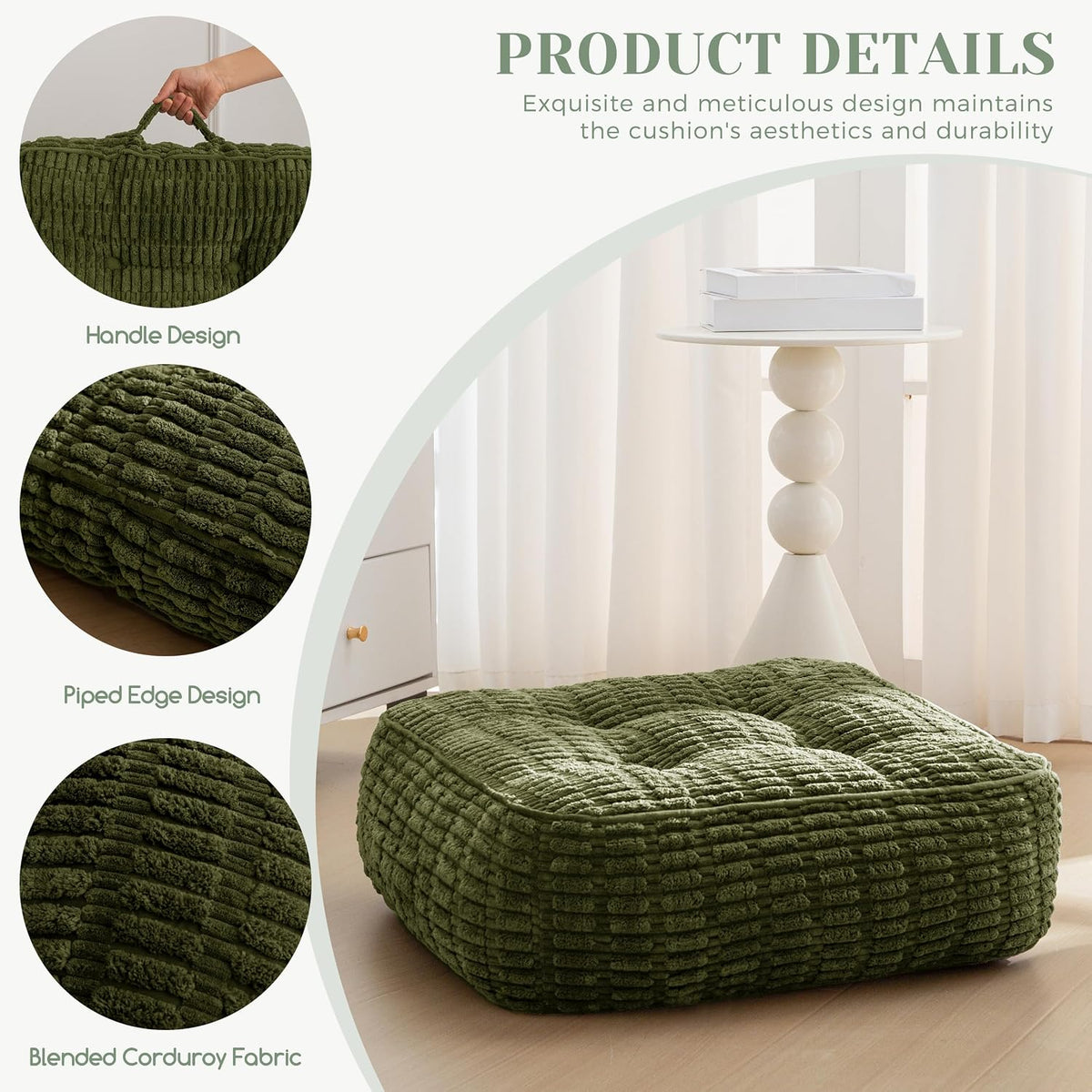 Floor Pillow Cushion for Adults, Meditation Cushion Pillow, Blended Corduroy Cover, Large Square Floor Sitting for Tatami Living Room or Yoga, 22x22 Inch, Beige