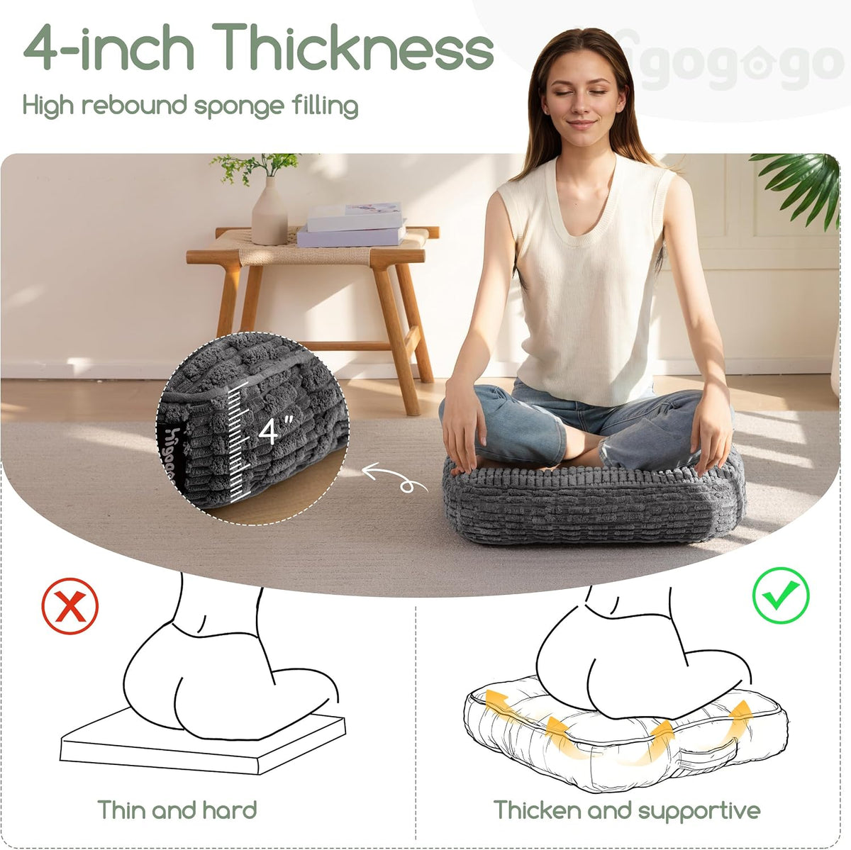 Floor Pillow Cushion for Adults, Meditation Cushion Pillow, Blended Corduroy Cover, Large Square Floor Sitting for Tatami Living Room or Yoga, 22x22 Inch, Beige