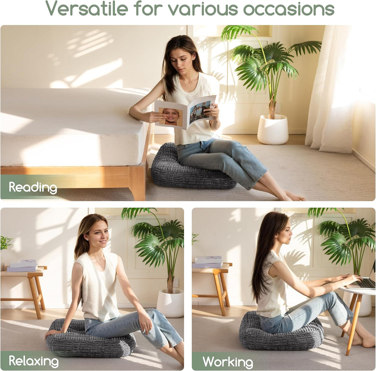 Floor Pillow Cushion for Adults, Meditation Cushion Pillow, Blended Corduroy Cover, Large Square Floor Sitting for Tatami Living Room or Yoga, 22x22 Inch, Beige