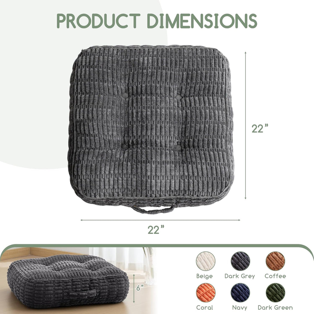 Floor Pillow Cushion for Adults, Meditation Cushion Pillow, Blended Corduroy Cover, Large Square Floor Sitting for Tatami Living Room or Yoga, 22x22 Inch, Beige