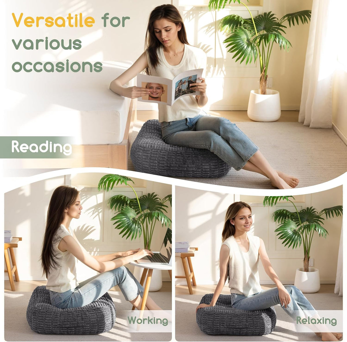 Floor Pillow Cushion for Adults, Meditation Cushion Pillow, Blended Corduroy Cover, Large Square Floor Sitting for Tatami Living Room or Yoga, 22x22 Inch, Beige