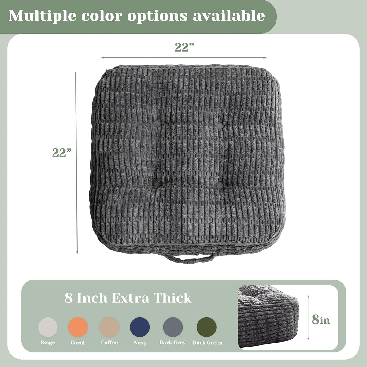 Floor Pillow Cushion for Adults, Meditation Cushion Pillow, Blended Corduroy Cover, Large Square Floor Sitting for Tatami Living Room or Yoga, 22x22 Inch, Beige