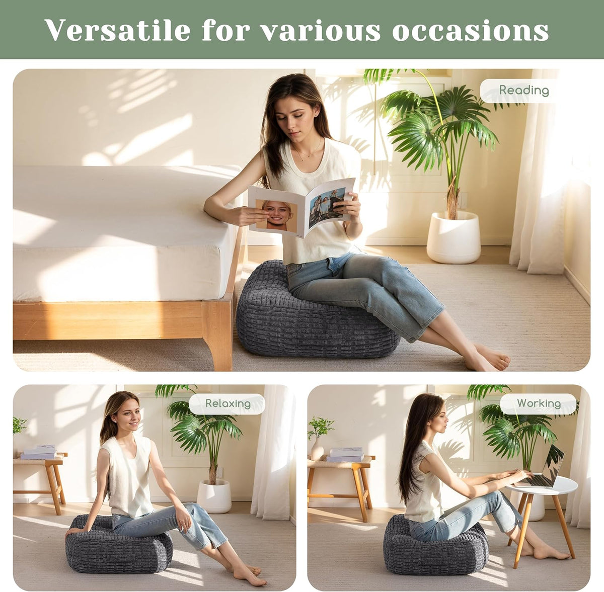 Floor Pillow Cushion for Adults, Meditation Cushion Pillow, Blended Corduroy Cover, Large Square Floor Sitting for Tatami Living Room or Yoga, 22x22 Inch, Beige