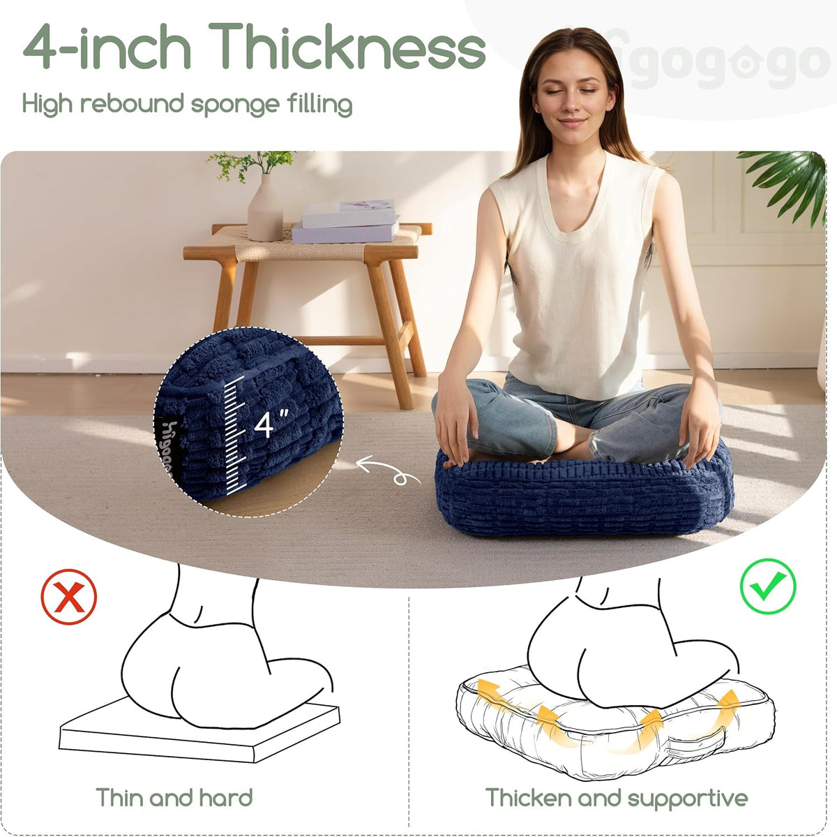 Floor Pillow Cushion for Adults, Meditation Cushion Pillow, Blended Corduroy Cover, Large Square Floor Sitting for Tatami Living Room or Yoga, 22x22 Inch, Beige