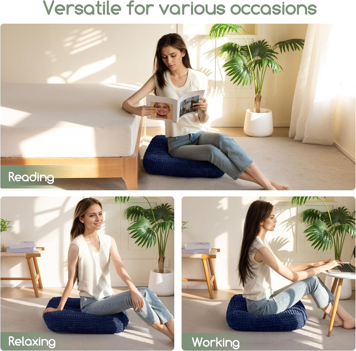 Floor Pillow Cushion for Adults, Meditation Cushion Pillow, Blended Corduroy Cover, Large Square Floor Sitting for Tatami Living Room or Yoga, 22x22 Inch, Beige