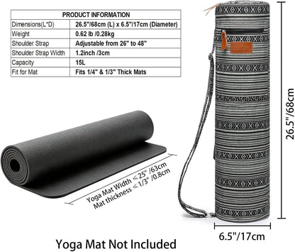Yoga Mat Bag for Women & Men, Full-Zip Canvas Pilates Bag with Pockets