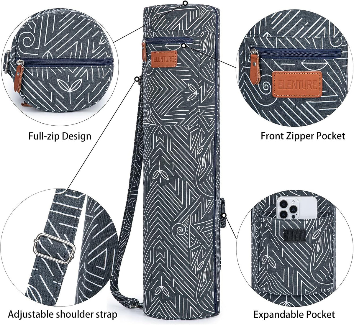 Yoga Mat Bag for Women & Men, Full-Zip Canvas Pilates Bag with Pockets