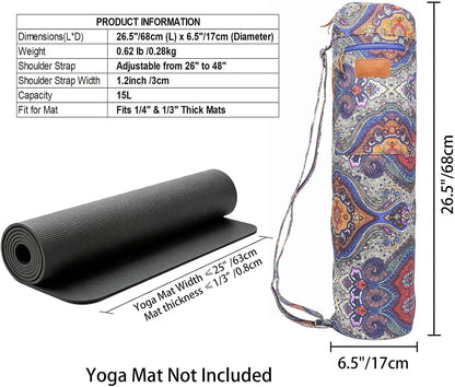 Yoga Mat Bag for Women & Men, Full-Zip Canvas Pilates Bag with Pockets