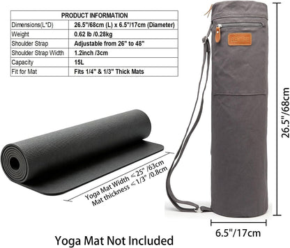 Yoga Mat Bag for Women & Men, Full-Zip Canvas Pilates Bag with Pockets