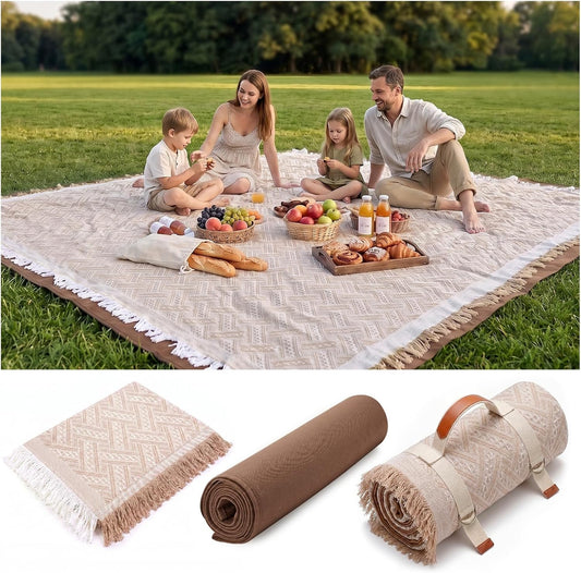 2 in 1 Extra Large Rug Outdoor Picnic Blanket Waterproof Woven Boho Mat Giant Beach Towel Travel Essential Yoga Accessories Park Patio Lawn Garden Ground Music Festival Concert Must Have