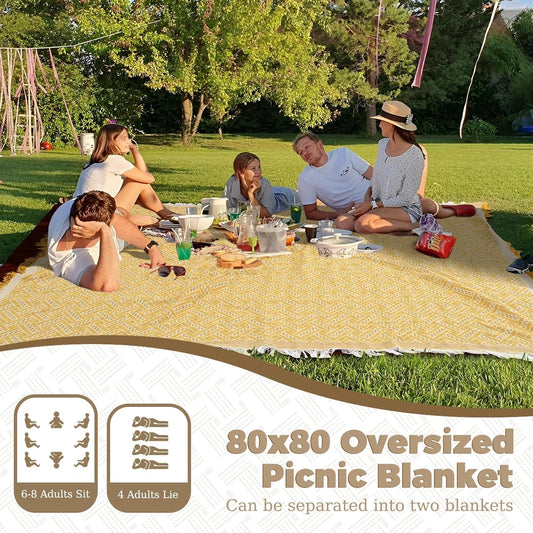 2 in 1 Extra Large Rug Outdoor Picnic Blanket Waterproof Woven Boho Mat Giant Beach Towel Travel Essential Yoga Accessories Park Patio Lawn Garden Ground Music Festival Concert Must Have