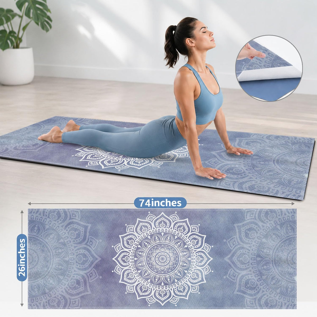 Yoga Mat Towel, Hot Yoga Non Slip with 4 Corner Pockets, 70 x 26 in
