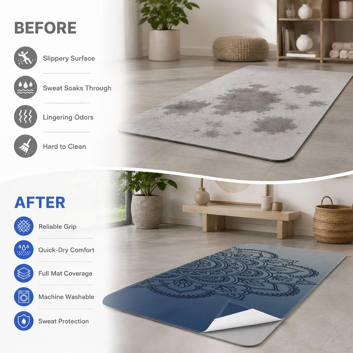 Yoga Mat Towel, Hot Yoga Non Slip with 4 Corner Pockets, 70 x 26 in