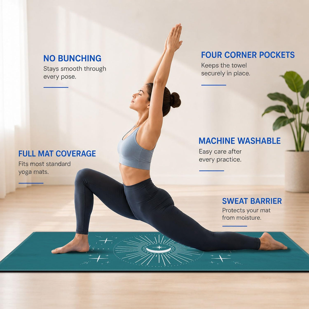 Yoga Mat Towel, Hot Yoga Non Slip with 4 Corner Pockets, 70 x 26 in