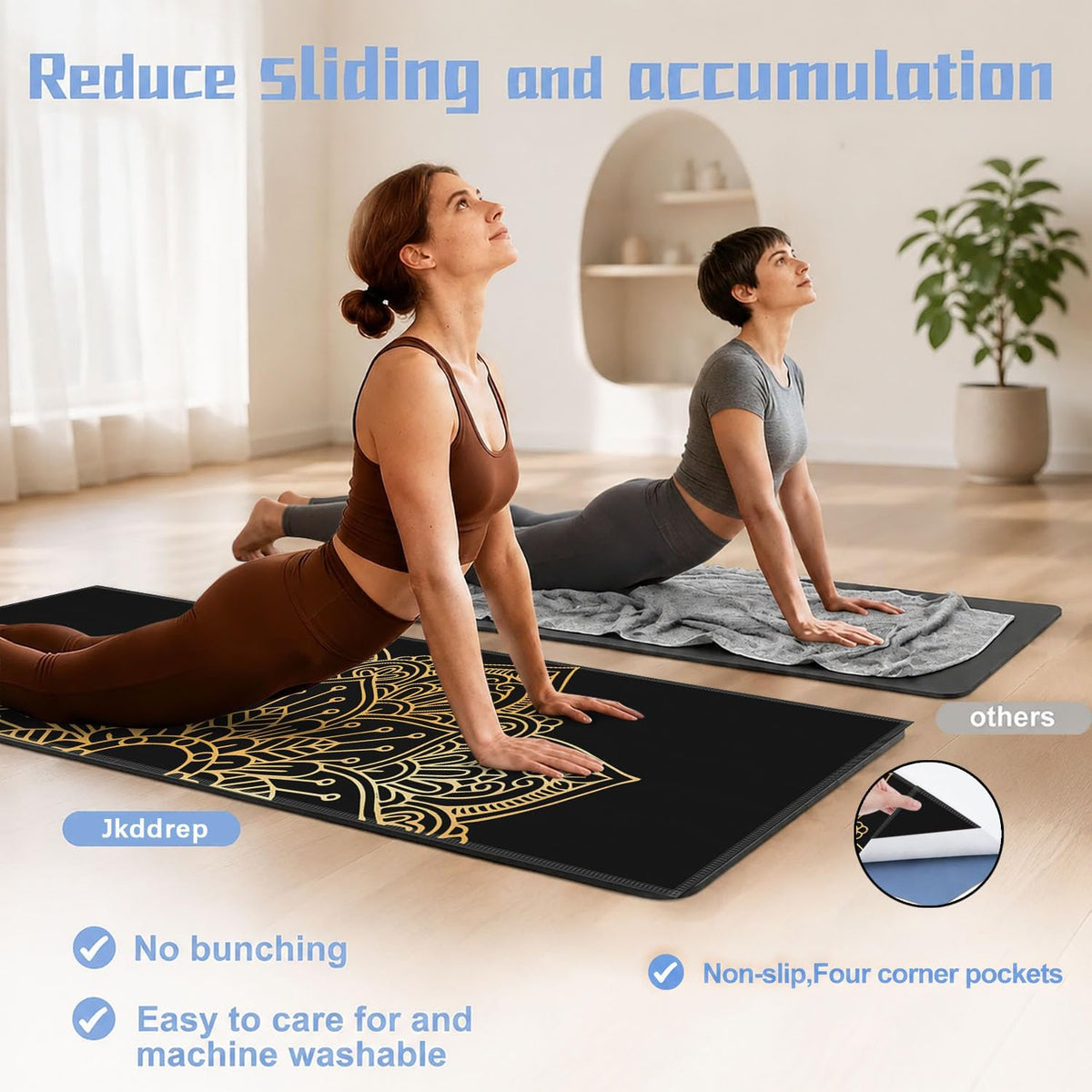 Yoga Mat Towel, Hot Yoga Non Slip with 4 Corner Pockets, 70 x 26 in