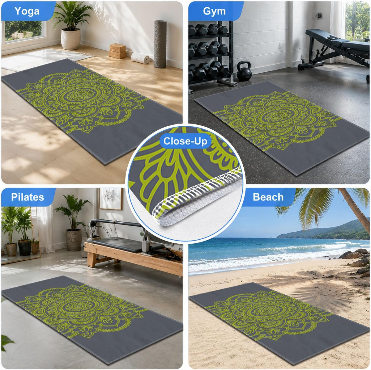 Yoga Mat Towel, Hot Yoga Non Slip with 4 Corner Pockets, 70 x 26 in
