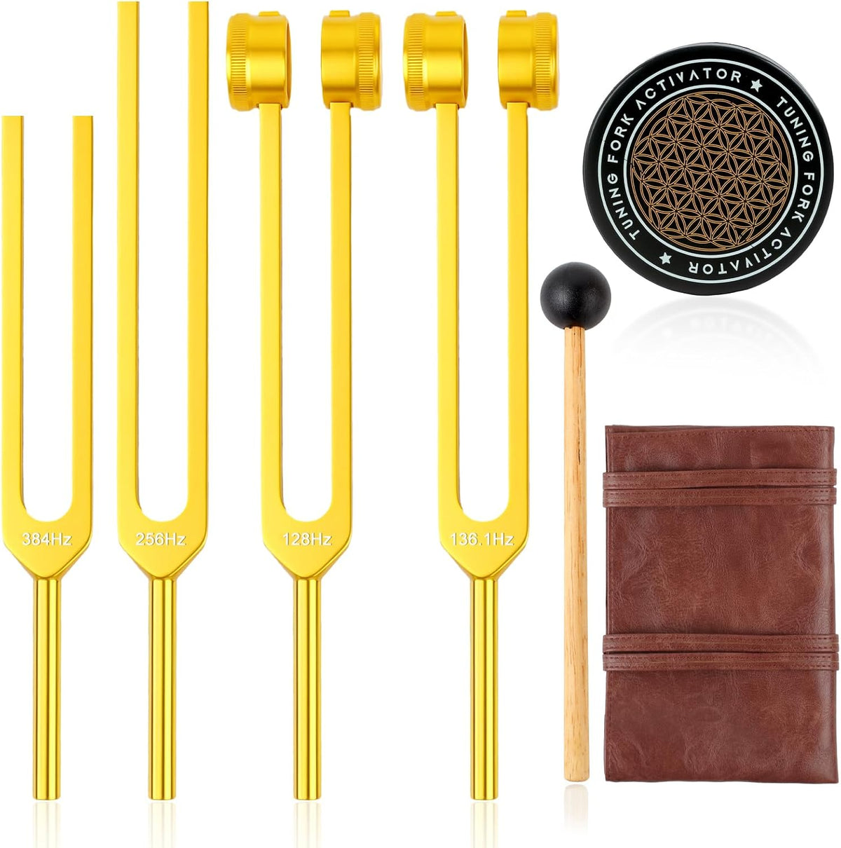 Tuning Forks for Healing Set – Includes 128Hz, 136Hz, 256Hz, 384Hz & Activator, Portable in Red Leather Pouch – Medical Grade Sound Healing Instruments for Chakra, Yoga, and Meditation