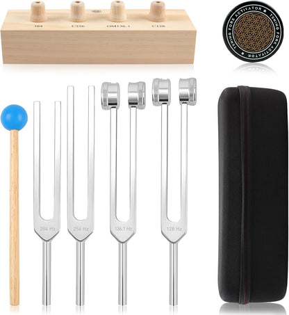 Tuning Forks for Healing Set – Includes 128Hz, 136Hz, 256Hz, 384Hz & Activator, Portable in Red Leather Pouch – Medical Grade Sound Healing Instruments for Chakra, Yoga, and Meditation