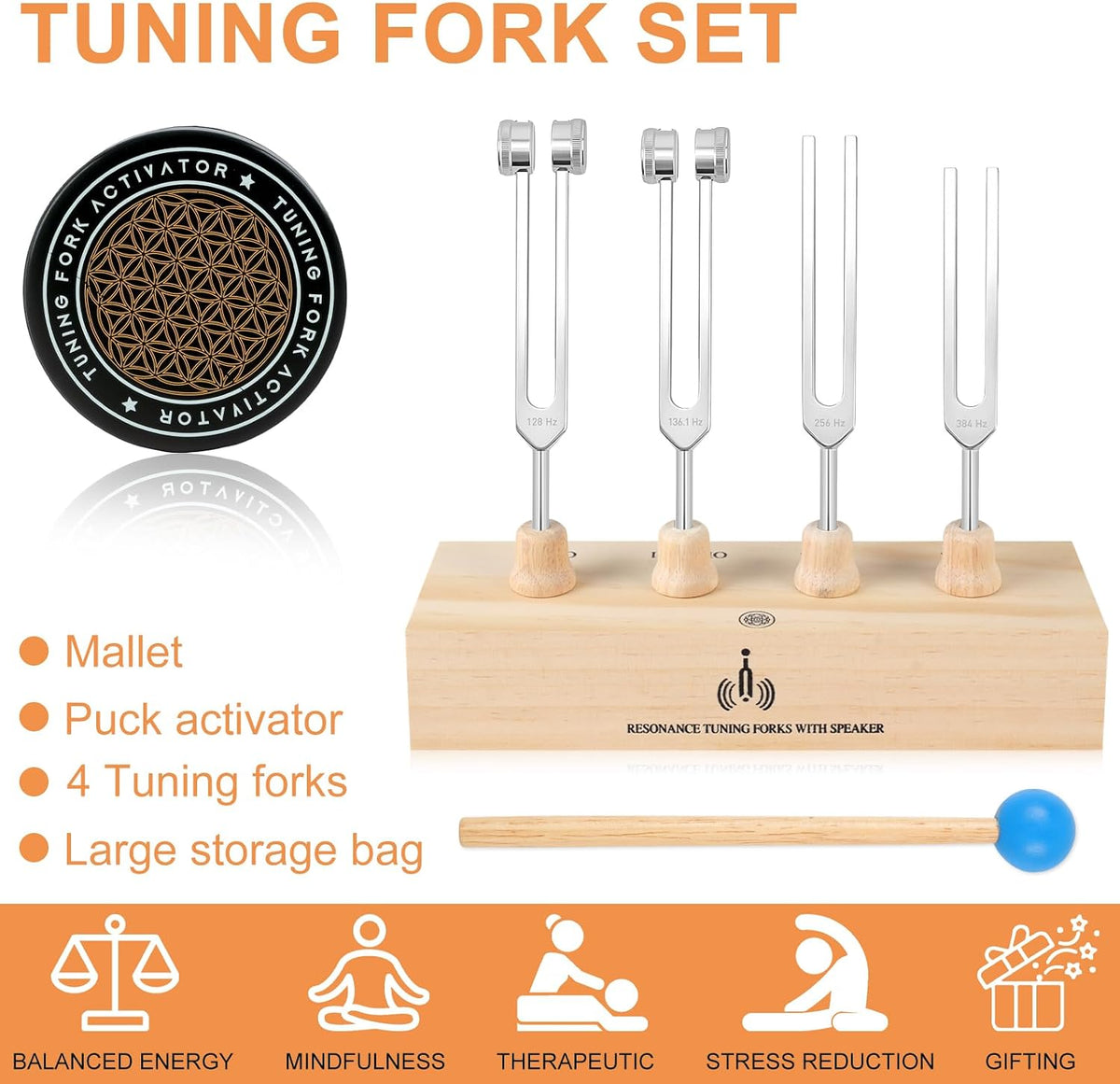 Tuning Forks for Healing Set – Includes 128Hz, 136Hz, 256Hz, 384Hz & Activator, Portable in Red Leather Pouch – Medical Grade Sound Healing Instruments for Chakra, Yoga, and Meditation