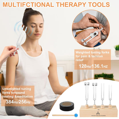 Tuning Forks for Healing Set – Includes 128Hz, 136Hz, 256Hz, 384Hz & Activator, Portable in Red Leather Pouch – Medical Grade Sound Healing Instruments for Chakra, Yoga, and Meditation