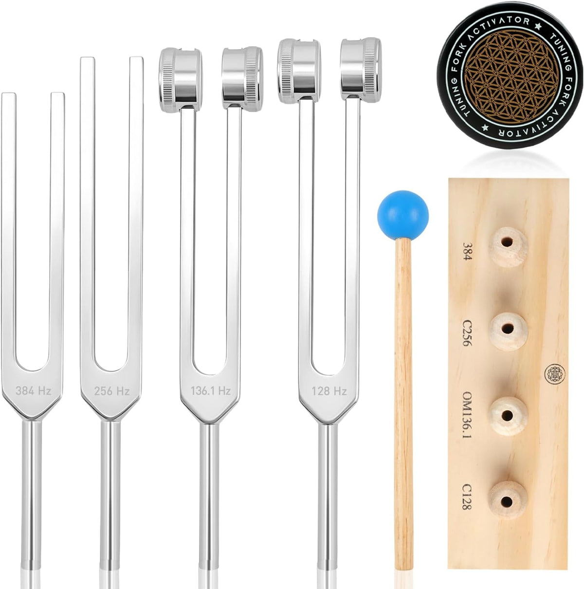 Tuning Forks for Healing Set – Includes 128Hz, 136Hz, 256Hz, 384Hz & Activator, Portable in Red Leather Pouch – Medical Grade Sound Healing Instruments for Chakra, Yoga, and Meditation