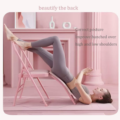 Yoga Auxiliary Chair Iyengar Yoga Chair Foldable Balance Training,with Lumbar Support 300lbs Capacity,Pink-Waist Drag Yoga Chair