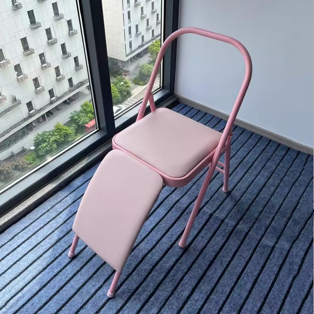 Yoga Auxiliary Chair Iyengar Yoga Chair Foldable Balance Training,with Lumbar Support 300lbs Capacity,Pink-Waist Drag Yoga Chair