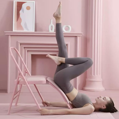 Yoga Auxiliary Chair Iyengar Yoga Chair Foldable Balance Training,with Lumbar Support 300lbs Capacity,Pink-Waist Drag Yoga Chair