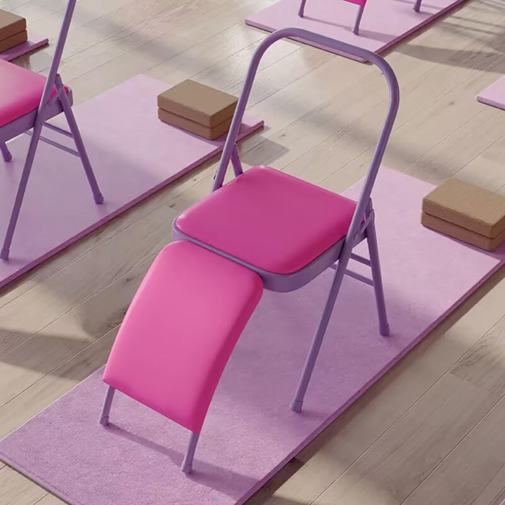 Yoga Auxiliary Chair Iyengar Yoga Chair Foldable Balance Training,with Lumbar Support 300lbs Capacity,Pink-Waist Drag Yoga Chair