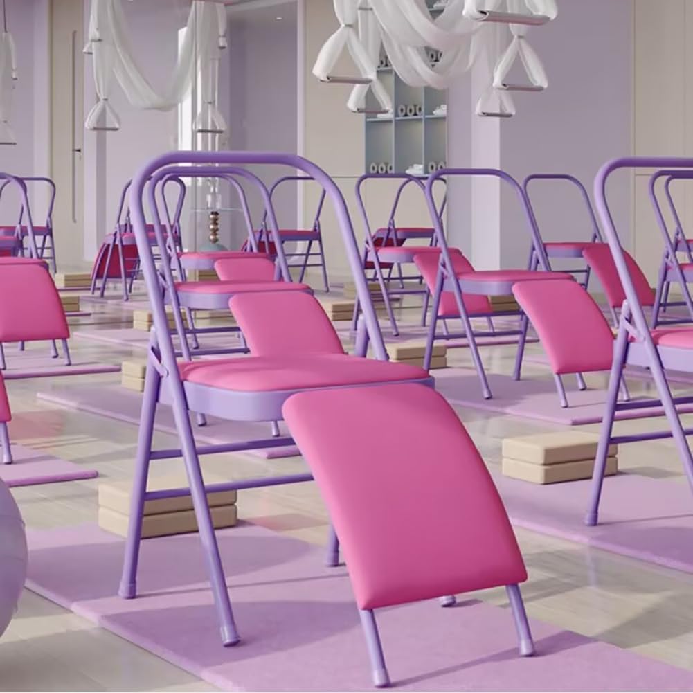 Yoga Auxiliary Chair Iyengar Yoga Chair Foldable Balance Training,with Lumbar Support 300lbs Capacity,Pink-Waist Drag Yoga Chair